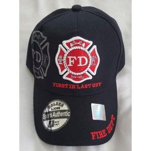 FD Fire Department First In Last Out Black Hat Cap Fire Dept Embroidered Patches